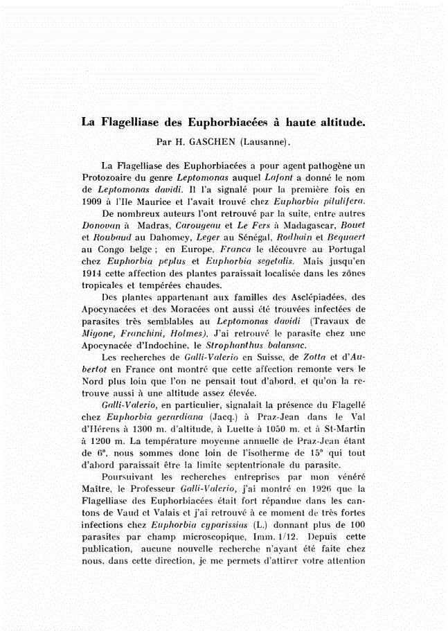 First page of La Flagelliase des Euphorbiacées à haute altitude.