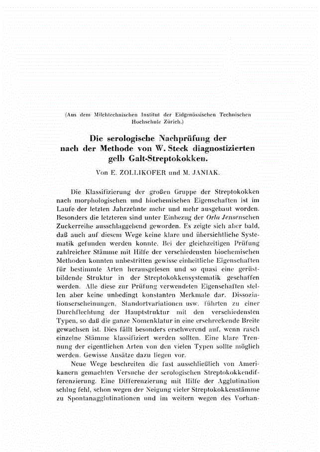 First page of Die serologische Nachprüfung der nach der Methode von W. Steck diagnostizierten gelb Galt-Streptokokken.