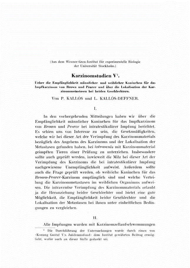 First page of Karzinomstudien V<subtitle>Ueber die Empfänglichkeit männlicher und weiblicher Kaninchen für das Impfkarzinom von Brown und Pearce und über die Lokalisation der Karzinommetastasen bei beiden Geschlechtern</subtitle>