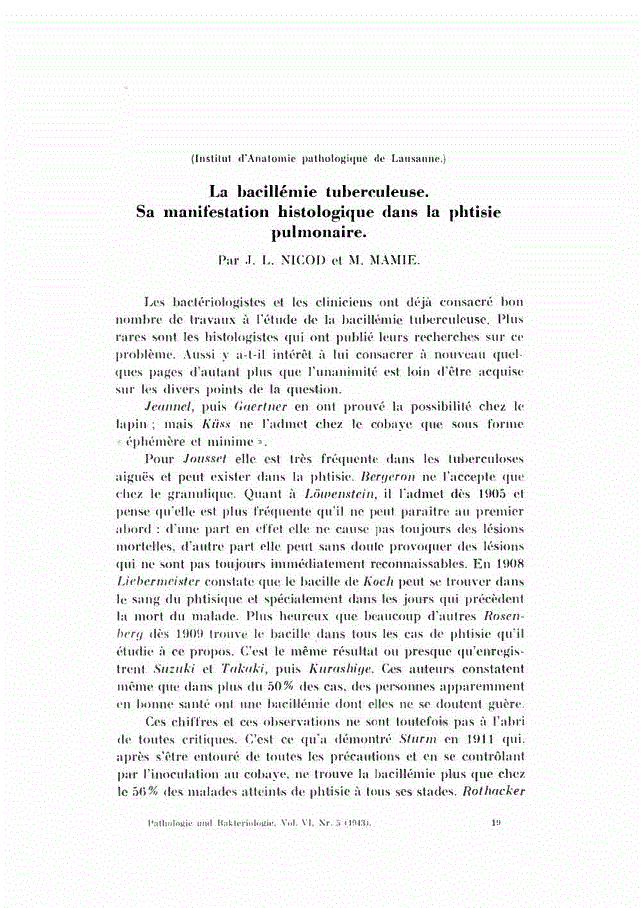 First page of La bacillémie tuberculeuse. Sa manifestation histologique dans la phtisie pulmonaire.