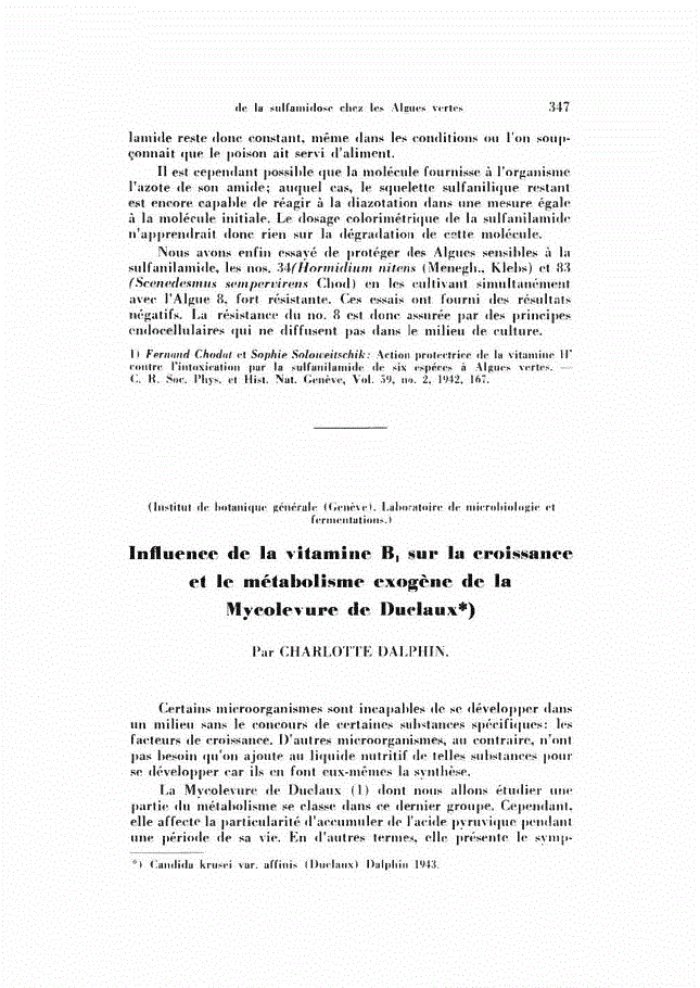First page of Influence de la vitamine B<sub>1</sub> sur la croissance et le métabolisme exogène de la Mycolevure de Duclaux*)