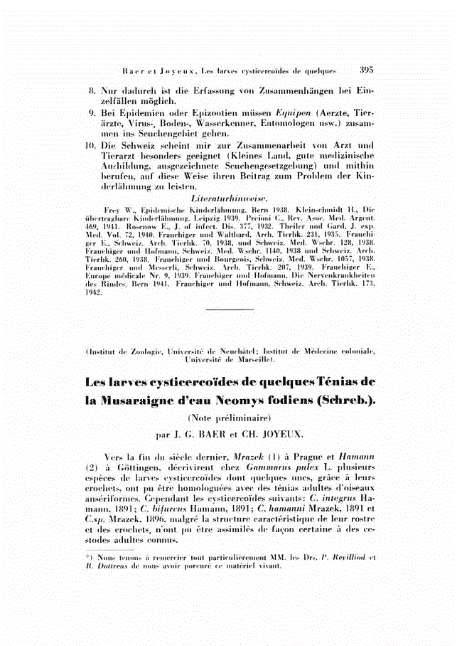 First page of Les larves cysticereoïdes de quelques Ténias de la Musaraigne d’eau Neomys fodiens (Schreb.).<subtitle>(Note préliminaire)</subtitle>