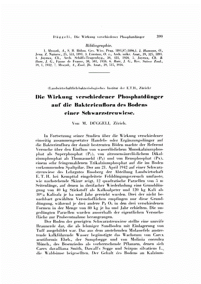 First page of Die Wirkung verschiedener Phosphatdünger auf die Bakterienflora des Bodens einer Schwarzstreuwiese.