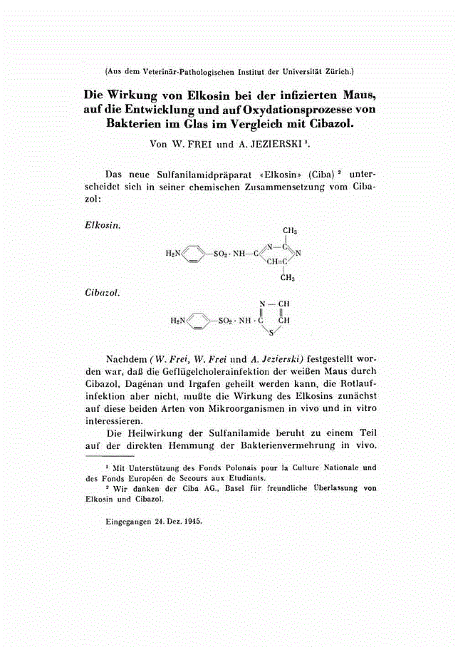 First page of Die Wirkung von Elkosin bei der infizierten Maus, auf die Entwicklung und auf Oxydationsprozesse von Bakterien im Glas im Vergleich mit Cibazol.
