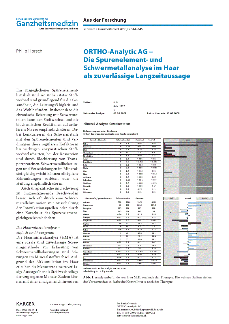 First page of ORTHO-Analytic AG – Die Spurenelement-und Schwermetallanalyse im Haar als zuverlässige Langzeitaussage