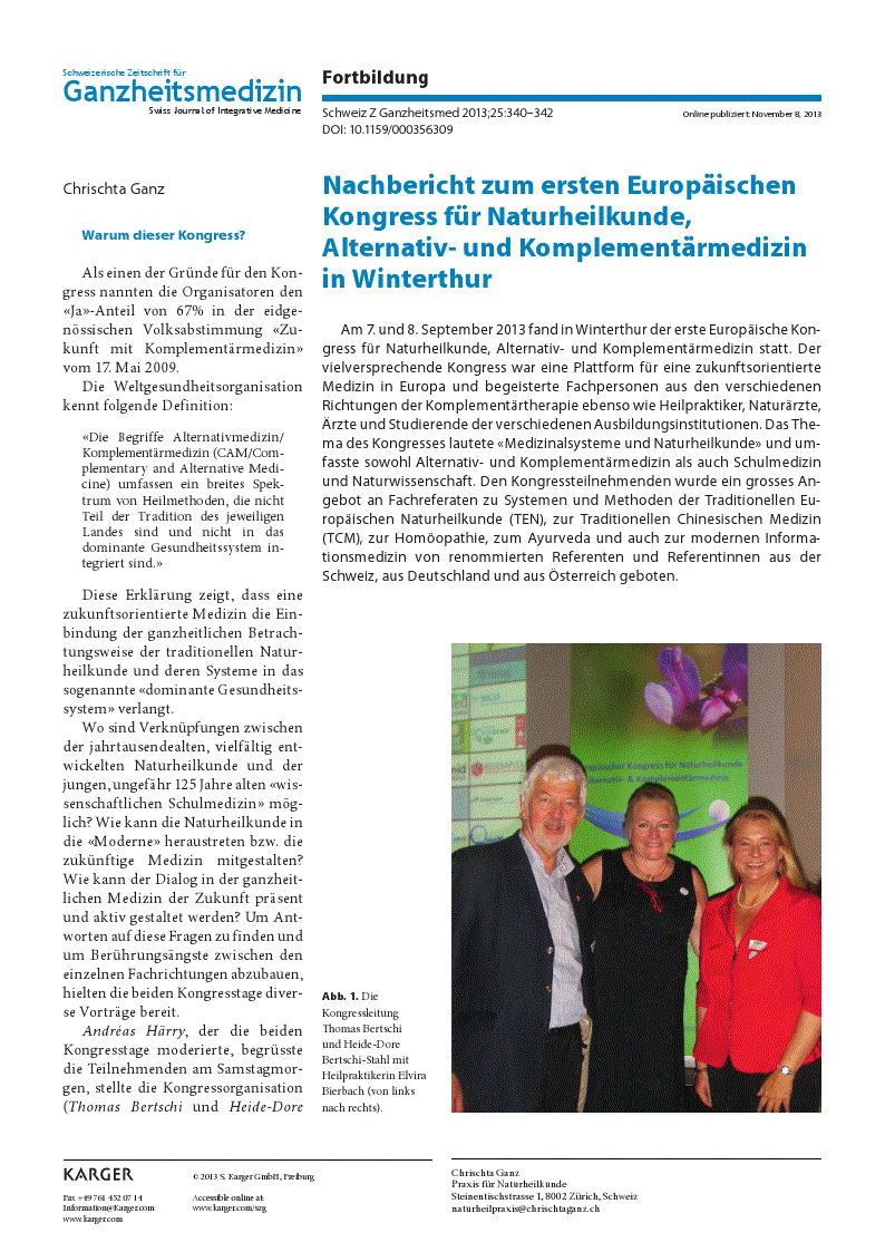 First page of Nachbericht zum ersten Europäischen Kongress für Naturheilkunde, Alternativ- und Komplementärmedizin in Winterthur