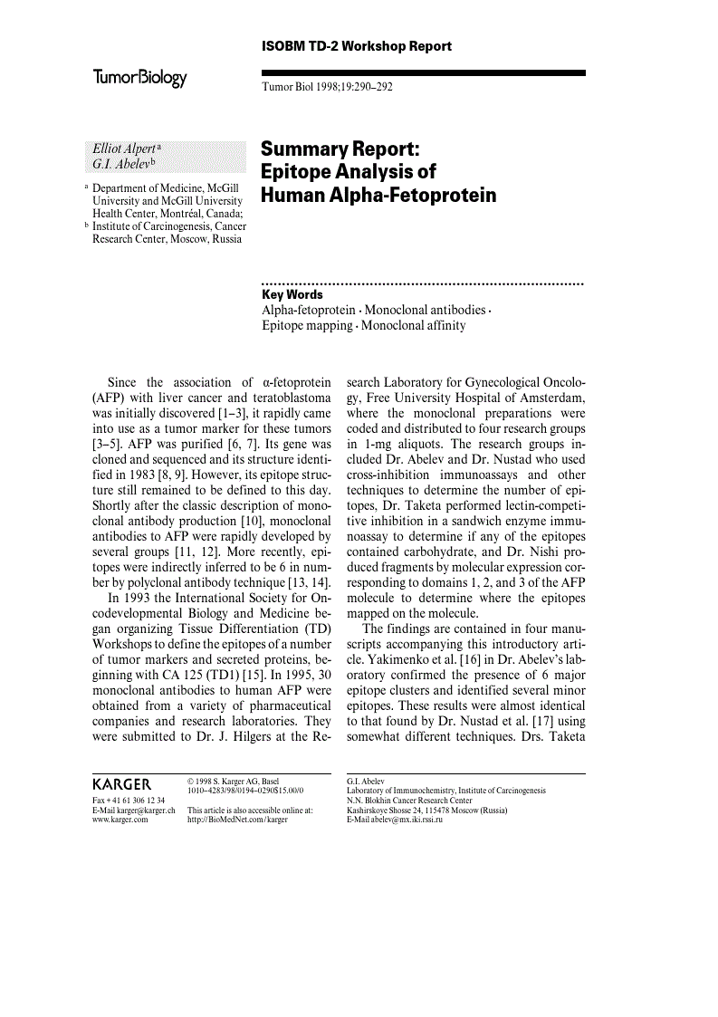 First page of Summary Report: Epitope Analysis of Human Alpha-Fetoprotein