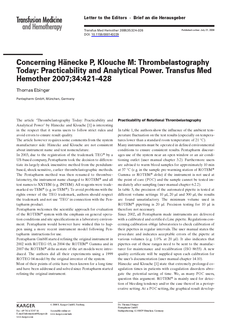 First page of Concerning Hänecke P, Klouche M: ThrombelastographyToday: Practicability and Analytical Power. Transfus Med Hemother 2007;34:421–428