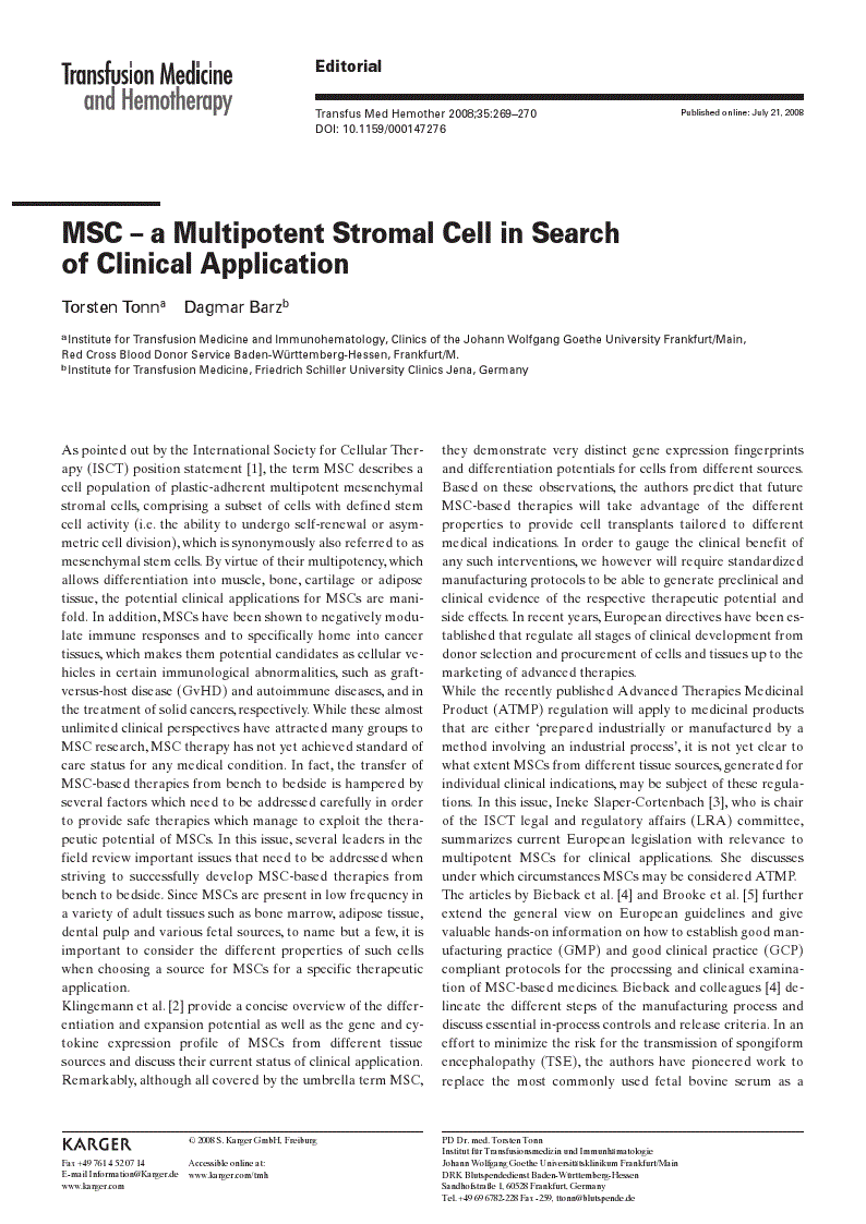 First page of MSC – a Multipotent Stromal Cell in Search of Clinical Application