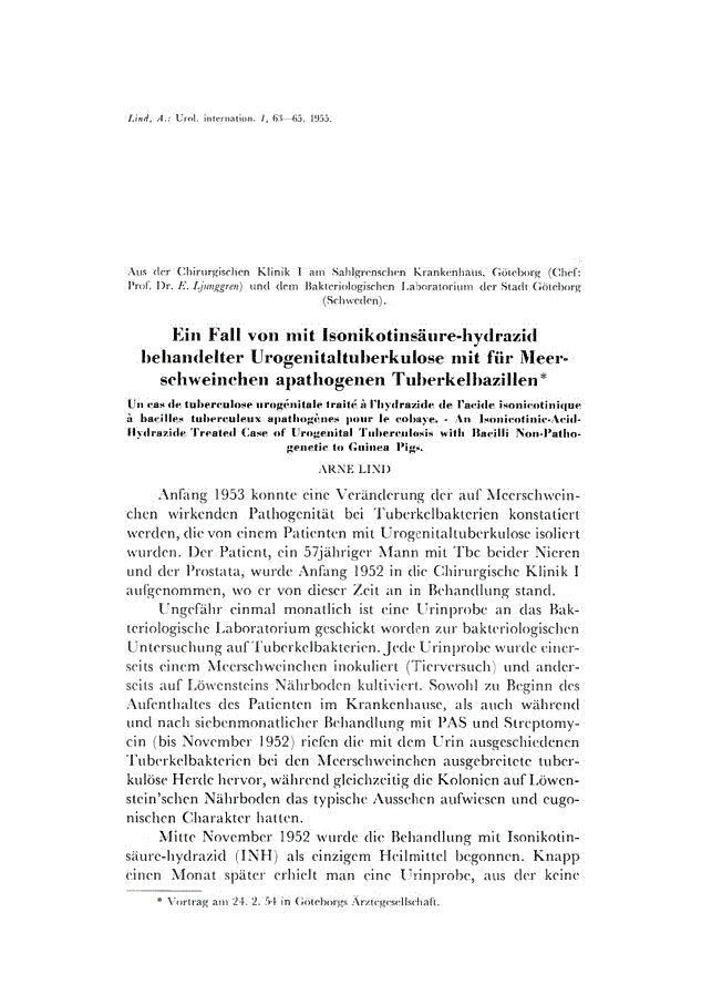 First page of Ein Fall von mit Isonikotinsäure-hydrazid behandelter Urogenitaltuberkulose mit für Meerschweinchen apathogenen Tuberkelbazillen