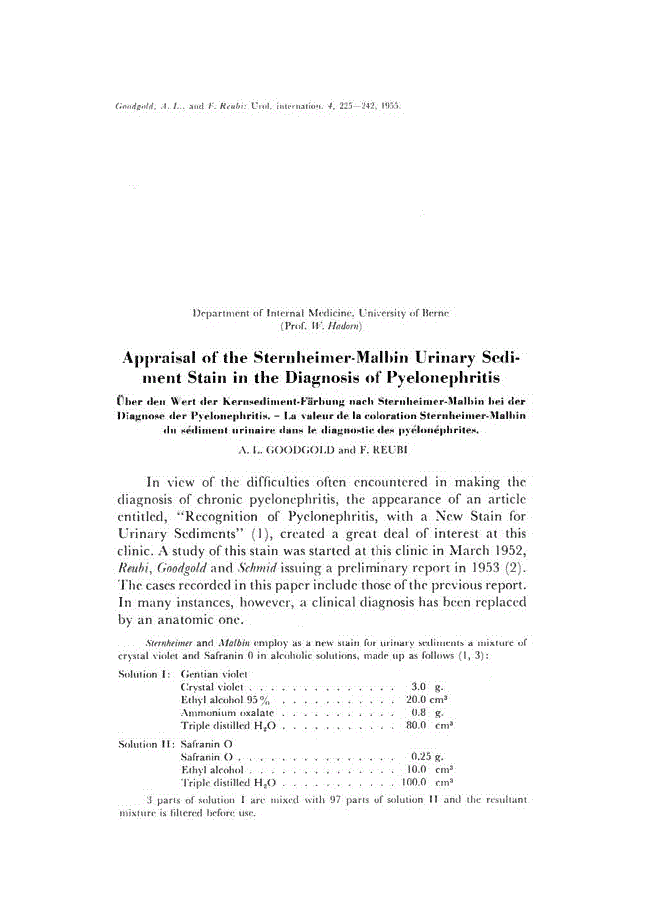 First page of Appraisal of the Sternheimer-Malbin Urinary Sediment Stain in the Diagnosis of Pyelonephritis
