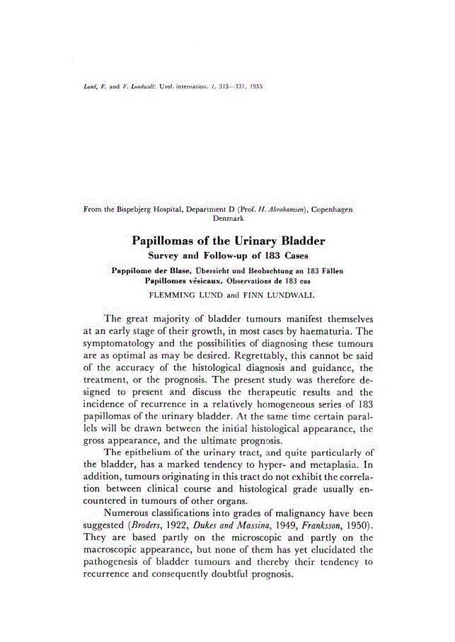 First page of Papillomas of the Urinary Bladder<subtitle>Survey and Follow-up of 183 Cases</subtitle>
