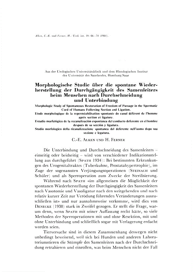 First page of Morphologische Studie über die spontane Wiederherstellung der Durchgängigkeit des Samenleiters beim Menschen nach Durchschneidung und Unterbindung