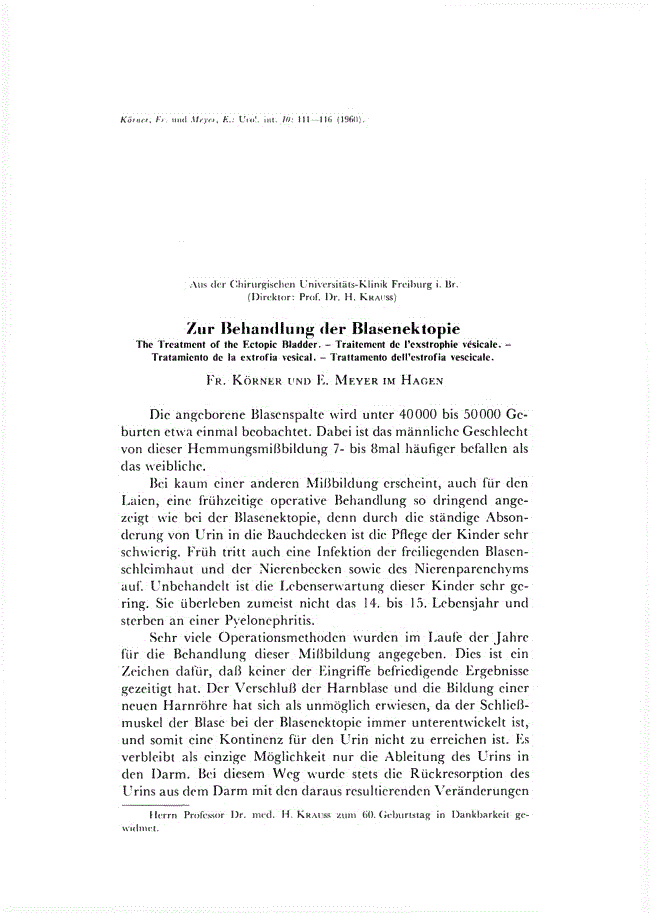 First page of Zur Behandlung der Blasenektopie