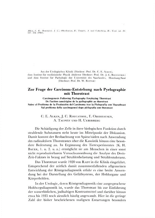 First page of Zur Frage der Carcinom-Entstehung nach Pyelographie mit Thorotrast