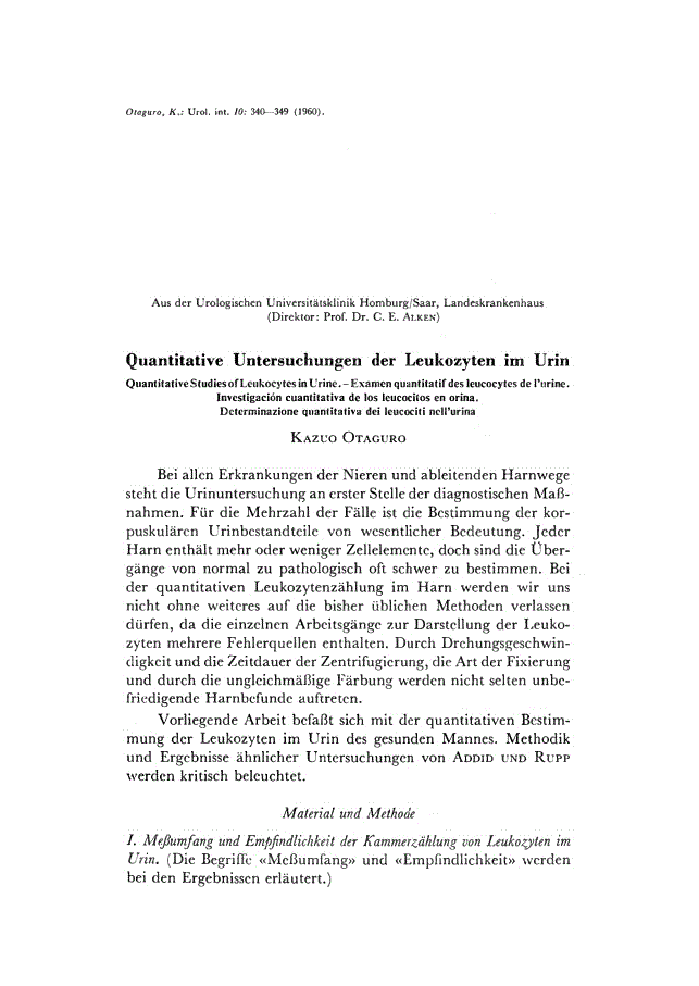 First page of Quantitative Untersuchungen der Leukozyten im Urin