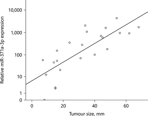 Fig. 2. Scatter plot showing the correlation between the preoperative relative expression of miR-371a-3p and the tumour size in 24 patients with testicular germ cell tumour (GCT). The y-axis is displayed in a logarithmic scale.