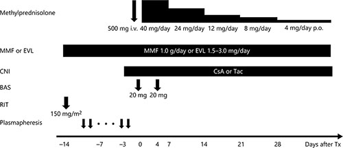Fig. 1. Immunosuppressive protocol for standard ABO-incompatible kidney transplantation. i.v., intravenous; p.o., per oral; MMF, mycophenolate mofetil; EVL, everolimus; CNI, calcineurin inhibitor; Tac, tacrolimus; CsA, cyclosporine; BAS, basiliximab; RIT, rituximab; Tx, transplantation.