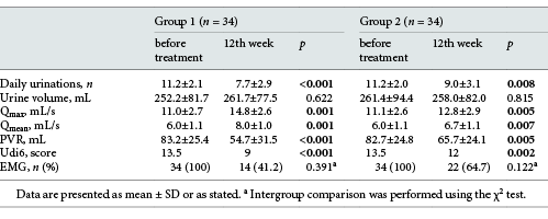 Comparison of the voiding parameters of patients in Group 1 and Group 2 measured before and after treatment