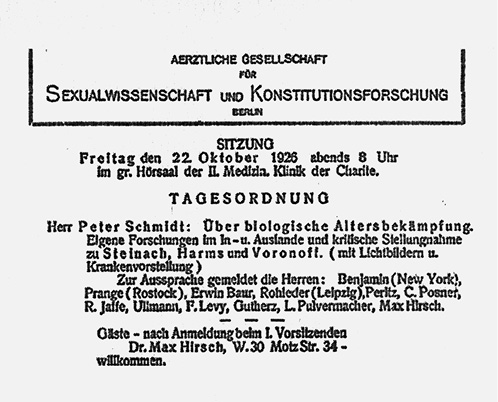 Fig. 2. Announcement of the presentation of Steinach’s research at the Charité Hospital, Berlin, by AeGeSe (Ärztliche Gesellschaft für Sexualmedizin und Eugenik), which was accompanied by the famous German urologist C. Posner (1854–1928) of Berlin and Hermann Rohleder (1866–1934) of Leipzig, Moll Collection (Rohleder files), Repro Keyn, with permission.
