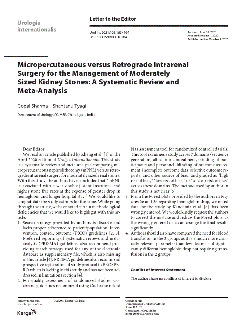 First page of Micropercutaneous versus Retrograde Intrarenal Surgery for the Management of Moderately Sized Kidney Stones: A Systematic Review and Meta-Analysis