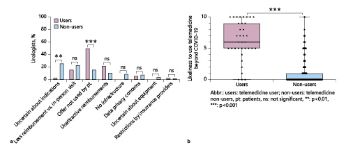Fig. 2. a Barriers to use telemedicine were analyzed and again urologists who have used telemedicine during the pandemic (red) and urologists who have not (blue) were compared. b The likelihood to use telemedicne after the pandemic was analyzed. Users, telemedicine users; nonusers,telemedicine nonusers; ns,notsignificant; ** p < 0.01, *** p < 0.001.