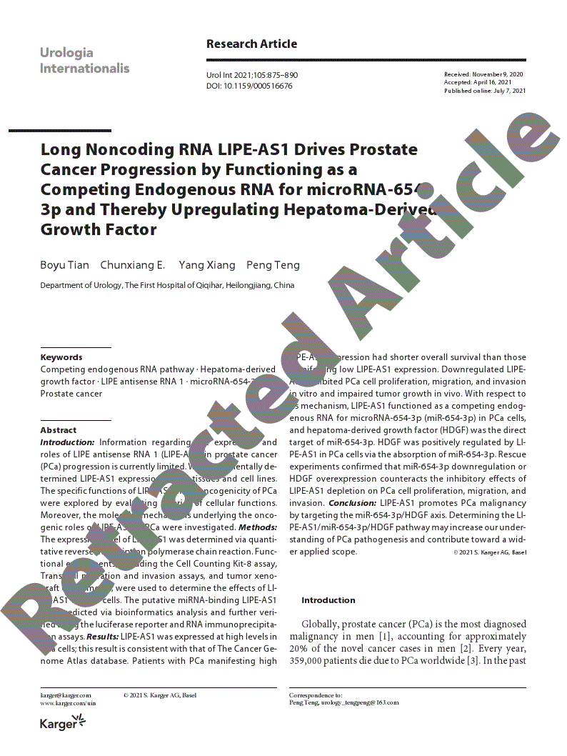 First page of Retracted Paper - Long Noncoding RNA LIPE-AS1 Drives Prostate Cancer Progression by Functioning as a Competing Endogenous RNA for microRNA-654-3p and Thereby Upregulating Hepatoma-Derived Growth Factor
