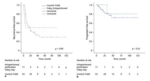 Fig. 1. Kaplan-Meier RFS (a) and PFS (b) in the Foley alone treated patients in the IPP group compared with the matched control TURBT group. The median follow-up duration was 31.8 (0.4–120.3) months for the IPP treated with the Foley catheter alone group and 27.7 (2.5–129.1) months for the control TURBT group. RFS, recurrence-free survival; PFS, progression-free survival; IPP, intraperitoneal perforation; TURBT, transurethral resection of bladder tumor.