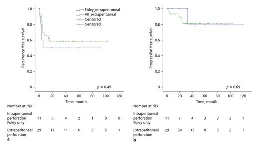 Fig. 2. Kaplan-Meier RFS (a) and PFS (b) in patients treated with the Foley catheter alone in the IPP group compared with those in the EPP group. The median follow-up duration was 31.8 (0.4–120.3) months for the IPP treated with the Foley catheter alone group and 42.7 (4.9–136.8) months for the EPP group. RFS, recurrence-free survival; PFS, progression-free survival; IPP, intraperitoneal perforation; EPP, extraperitoneal perforation.