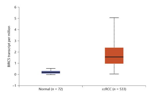 Fig. 1. The expression of BIRC5 in ccRCC based on TCGA samples (p &lt; 0.05). TCGA, the Cancer Genome Atlas; ccRCC, clear-cell renal cell carcinoma.