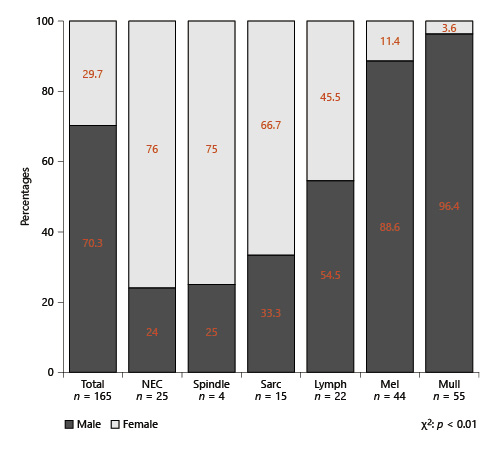 Stacked barplots depicting sex distribution according to unconventional histological subtypes of 165 urethral-cancer patients. NEC, neuroendocrine; Spindle, spindle cell.