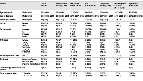 Descriptive characteristics of 165 urethral-cancer patients, stratified according to unconventional histologies, namely, Mullerian type, melanocytic, NEC, lymphoma, mesenchymal/sarcoma, and spindle cell, diagnosed within the SEER database from 2004 to 2016