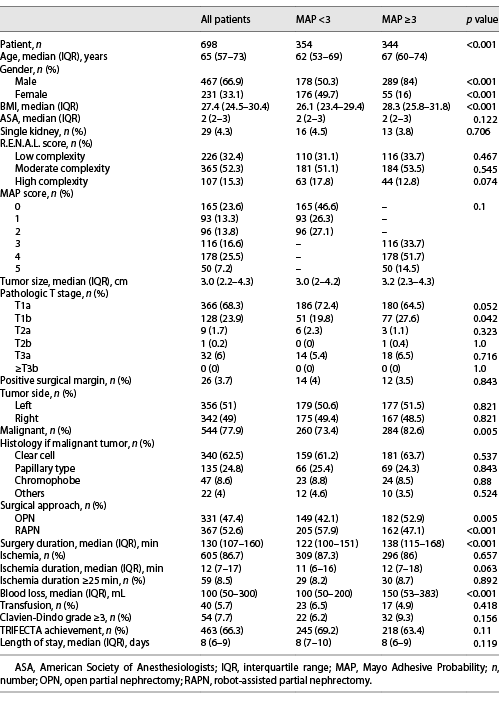 Patient and tumor characteristics for the total cohort and the subgroups MAP <3 and MAP ≥3 Refer to the image caption for details.