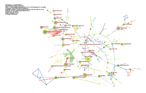 Institutions collaboration network of BPH research from 2016 to 2022. Refer to the image caption for details.