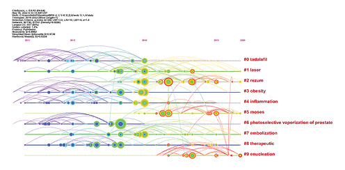 Timeline view of the cited reference knowledge map in BPH research from 2016 to 2022. Refer to the image caption for details.