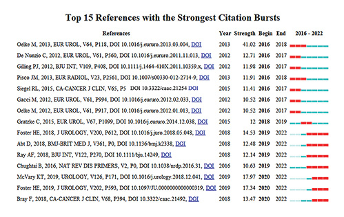 Top 15 references with the strongest citation bursts in the co-citation network.
