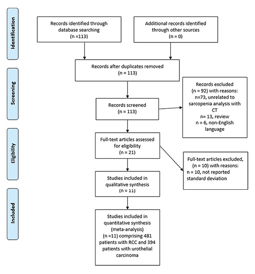  PRISMA flow chart provides an overview of the paper acquisition. Overall, 11 studies including 481 patients with RCC and 394 patients with urothelial carcinoma were suitable for the analysis.
