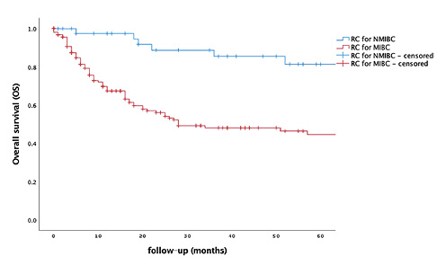 Kaplan-Meier curves displaying overall survival after RC for NMIBC (blue line) and RC for MIBC (red line) over a time period of 5 years. Refer to the image caption for details.