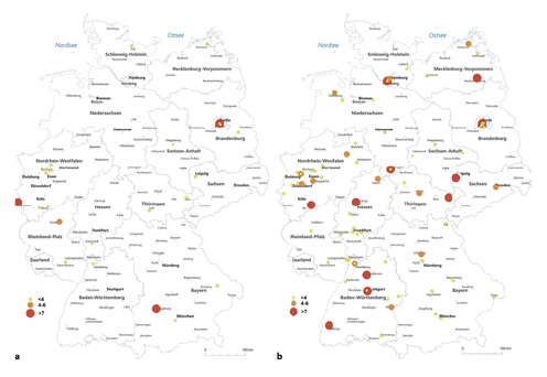  Overview of performed RFA in 2006 (a) and 2020 (b) in Germany (source: German hospitals’ quality reports).