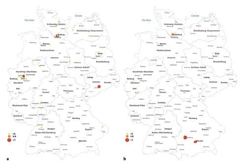 Overview of performed cryotherapy in 2006 (a) and 2020 (b) in Germany (source: German hospitals’ quality reports). Refer to the image caption for details.