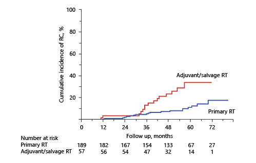  Cumulative incidence of radiation cystitis in the patients treated as primary RT and adjuvant/salvage RT. Refer to the image caption for details.