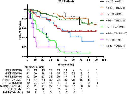 Overall survival of patients stratified by pTNM stages and preoperative hydronephrosis.