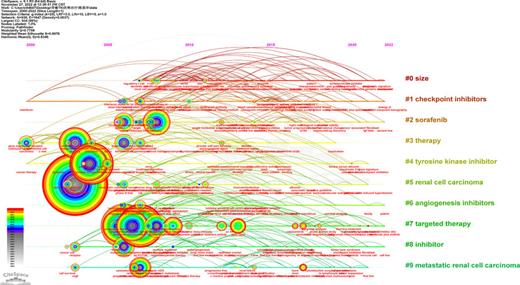 The timeline view of the keywords in articles related to TKI for RCC treatment.