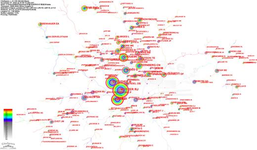 The cited author collaboration network of TKI for RCC from 2000 to 2022. Refer to the image caption for details.
