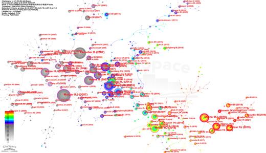 The cited reference collaboration network of TKI for RCC from 2000 to 2022. Refer to the image caption for details.