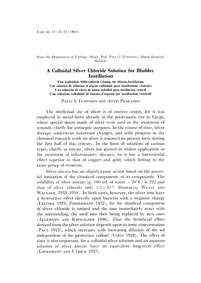First page of A Colloidal Silver Chloride Solution for Bladder Instillation