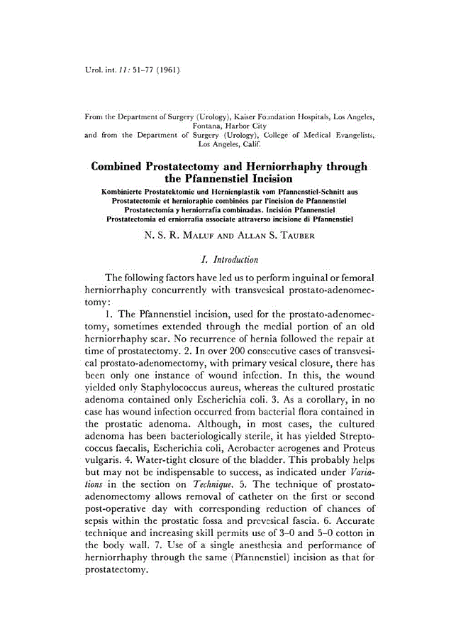 First page of Combined Prostatectomy and Herniorrhaphy through the Pfannenstiel Incision