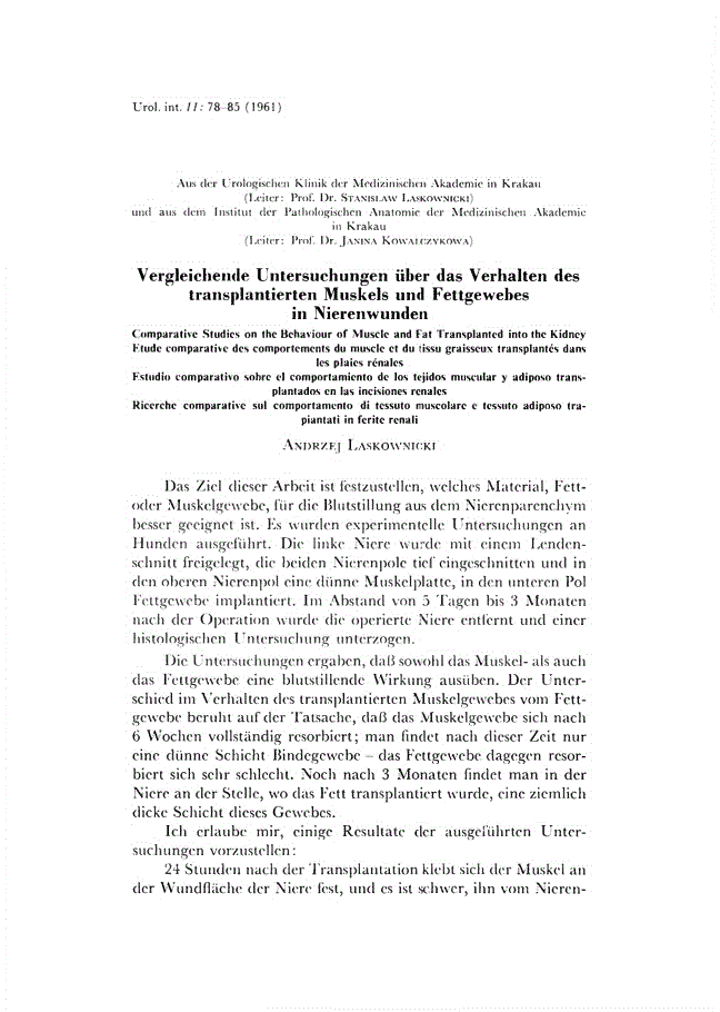 First page of Vergleichende Untersuchungen über das Verhalten des transplantierten Muskels und Fettgewebes in Nierenwunden