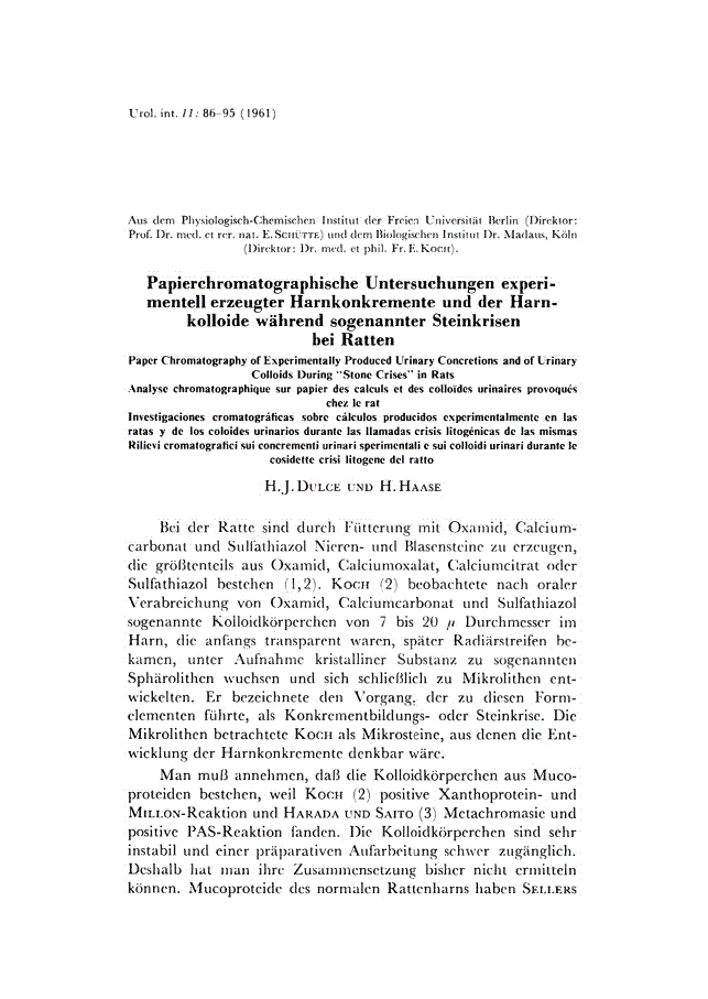 First page of Papierchromatographische Untersuchungen experimentell erzeugter Harnkonkremente und der Harnkolloide während sogenannter Steinkrisen bei Ratten