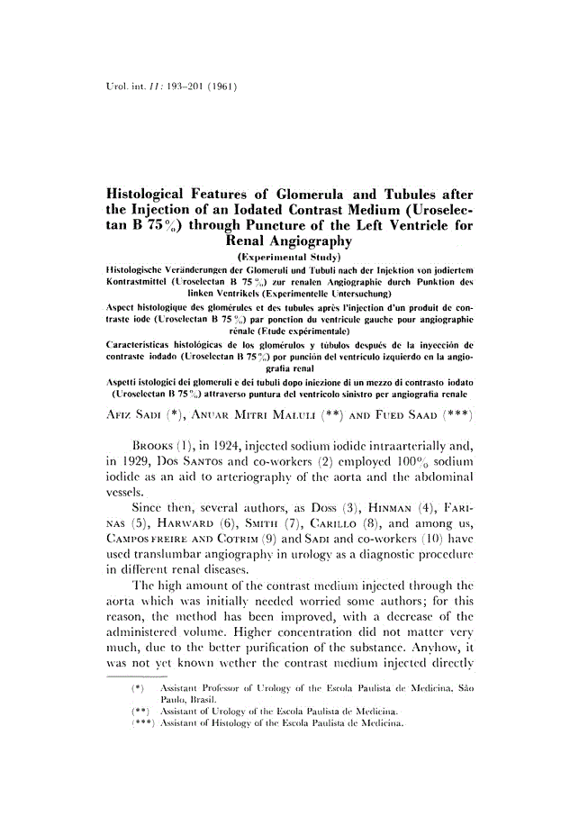 First page of Histological Features of Glomerula and Tubules after the Injection of an Iodated Contrast Medium (Uroselectan B 75 %) through Puncture of the Left Ventricle for Renal Angiography